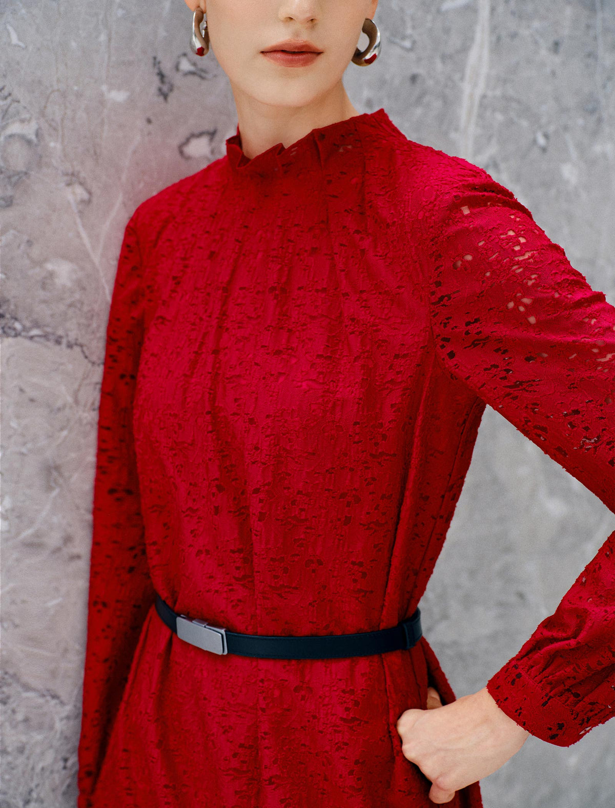 Lace Belted Long Sleeve Midi Dress