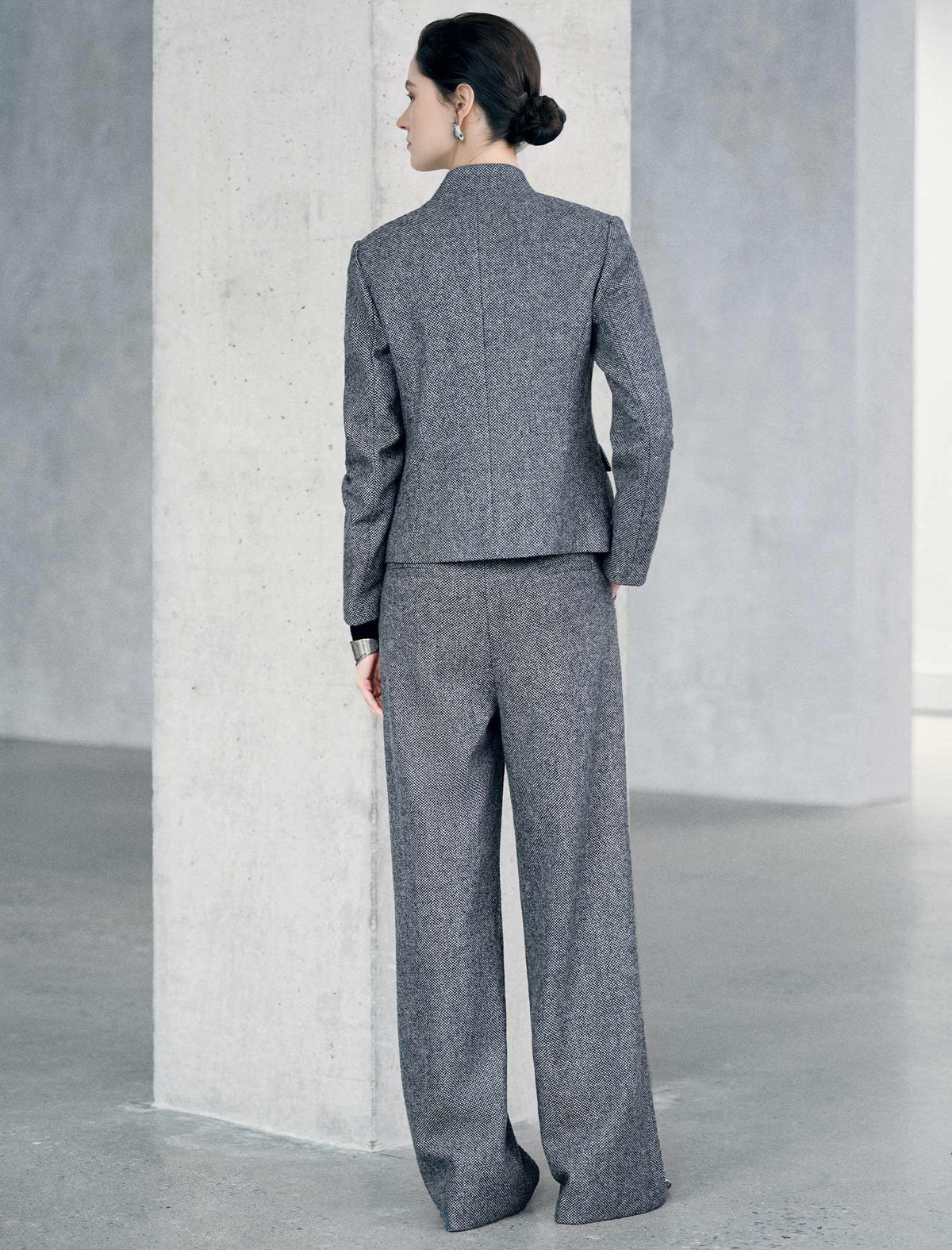 Wool Blend Mandarin Collar Cropped Jacket
