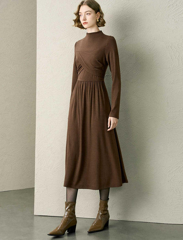 Mock Neck Wrap Detail Long Sleeve Midi Dress