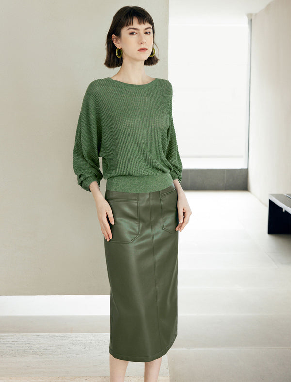 Olive Green Faux Leather Midi Skirt