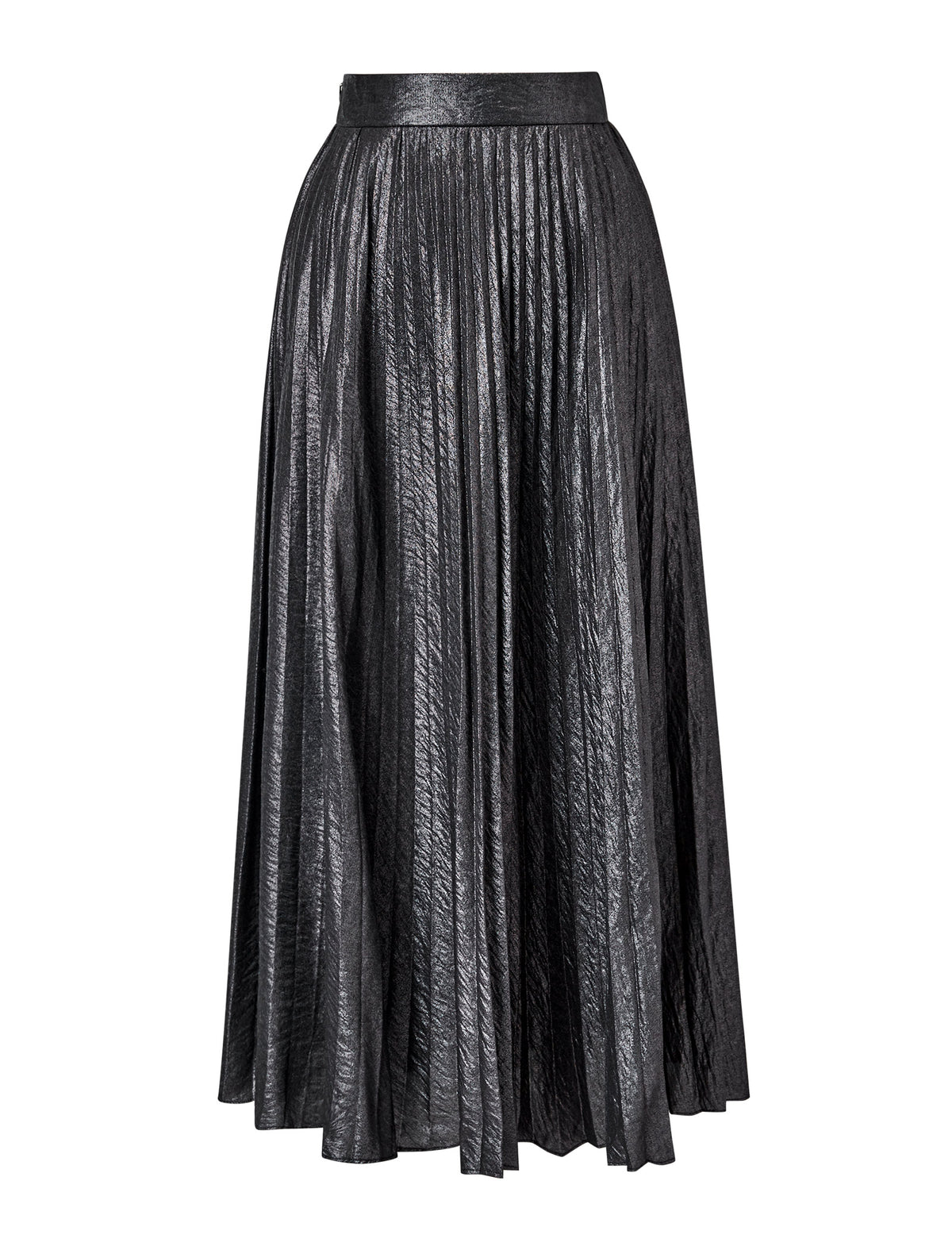 Black Metallic Pleated Midi Skirt
