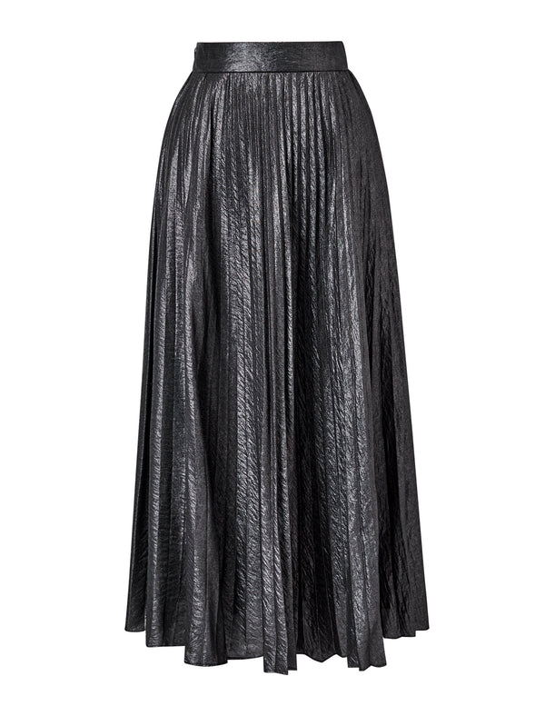 Black Metallic Pleated Midi Skirt