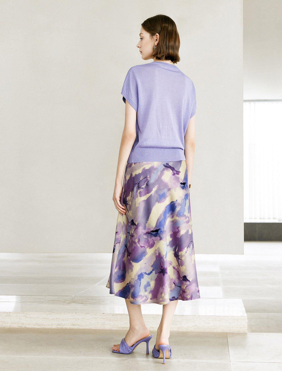 Watercolor Print Satin Midi Skirt