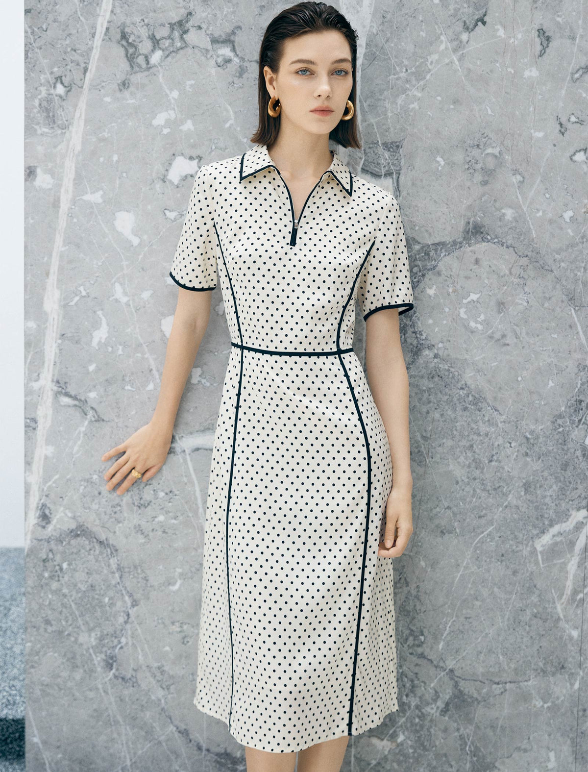 Ivory Polka Dot Contrast Trim Midi Shirt Dress