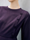 Diagonal-Button Crewneck Long Sleeve A-Line Midi Dress