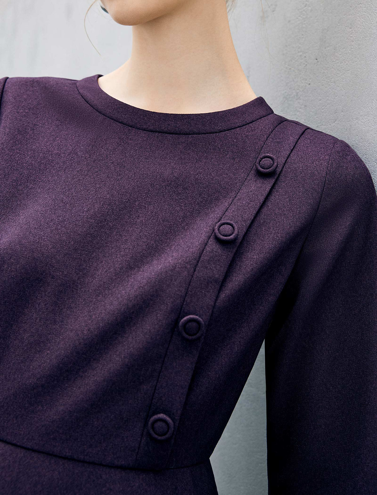 Diagonal-Button Crewneck Long Sleeve A-Line Midi Dress