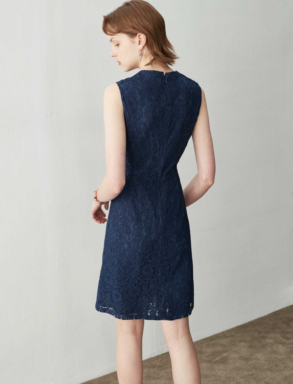 Navy Blue Sleeveless Lace Wrap Sheath Dress