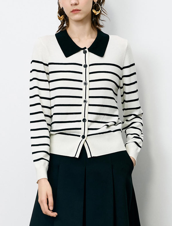 Striped Lapel Slim Fit Long-Sleeve Knit Sweater