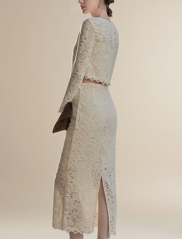 Cream Lace Back Slit Midi Skirt