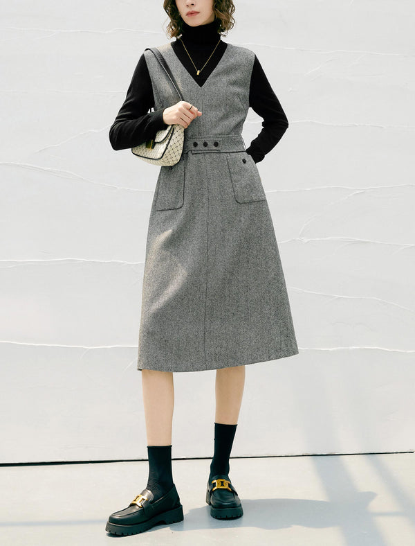 Wool V-Neck Belted Sleeveless Midi Dress
