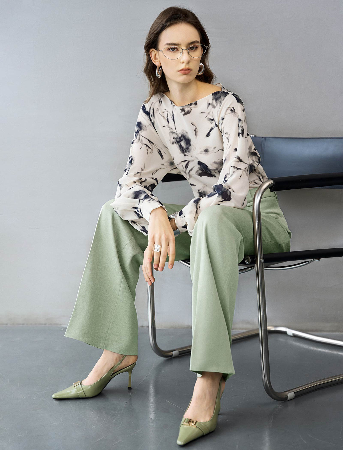 Abstract Floral Print Boat Neck Blouse