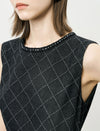 Black Diamond-Print Sheath Trimmed Neckline Dress