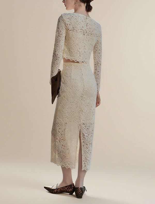 Cream Lace Cropped Long Sleeve Top