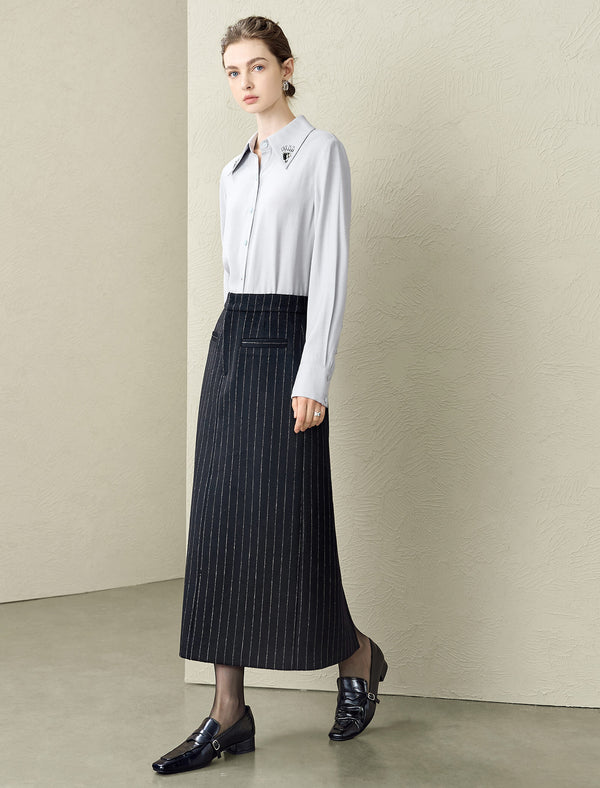 Black Pinstripe Wool-Blend Midi Skirt