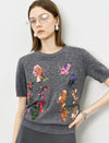 Grey Floral Embroidered Short Sleeve Sweater