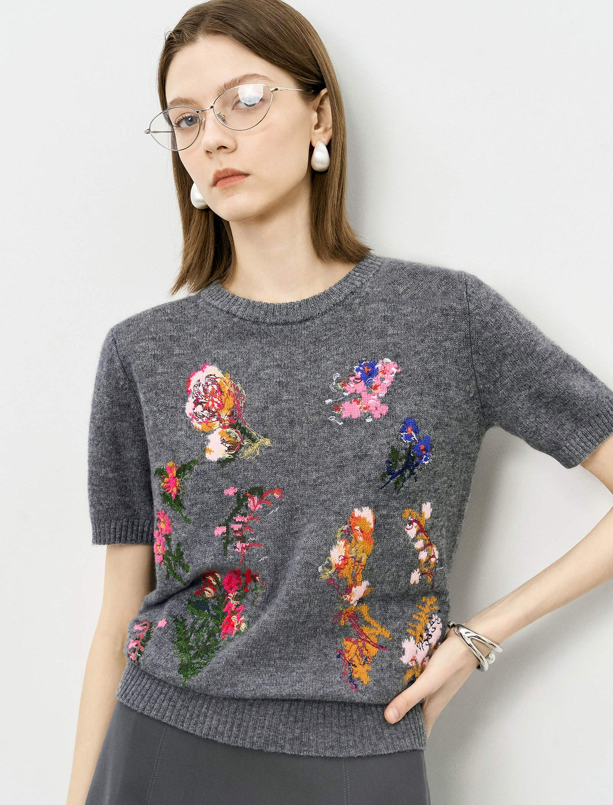 Grey Floral Embroidered Short Sleeve Sweater