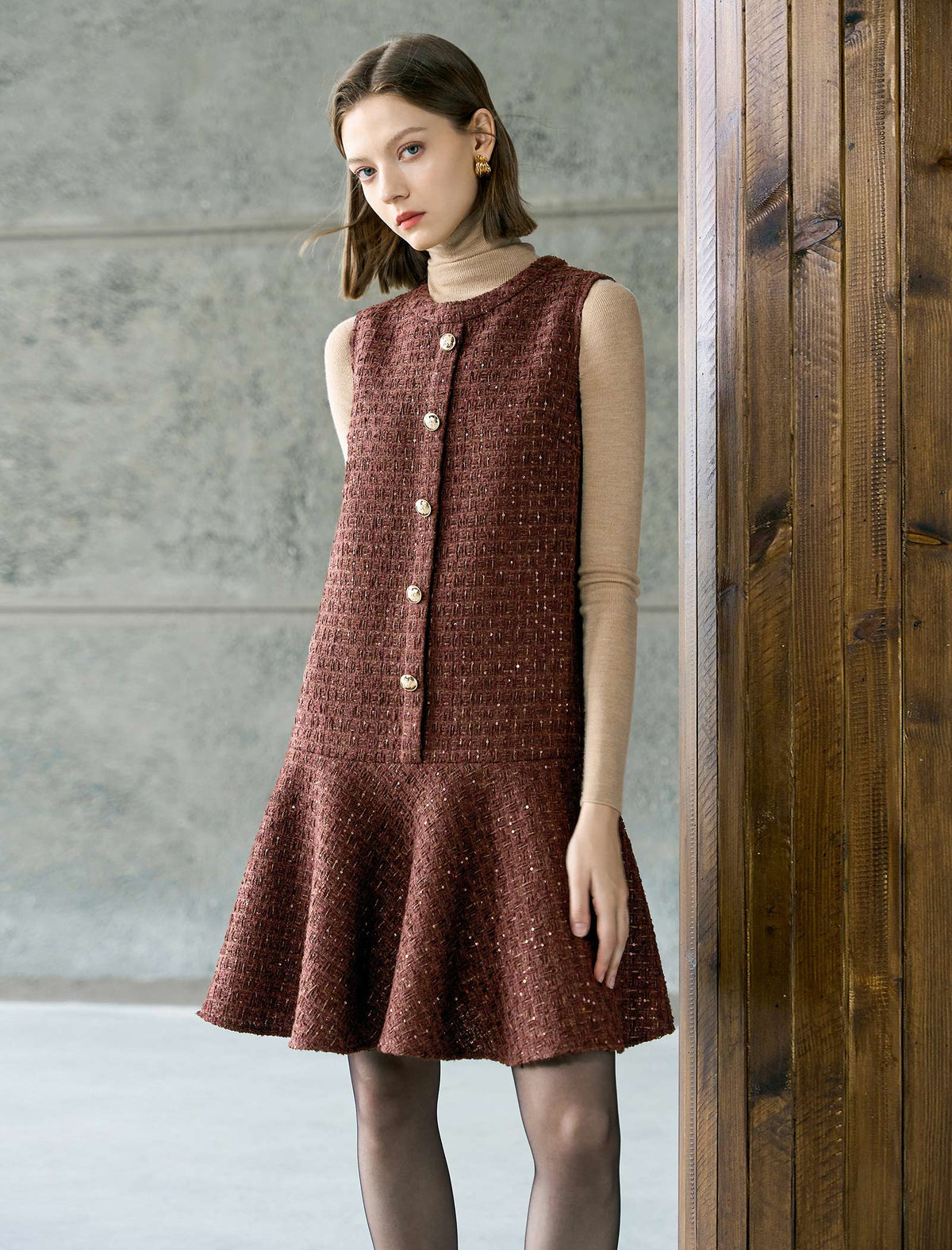 Brown Vintage Round Neck Sleeveless Dress