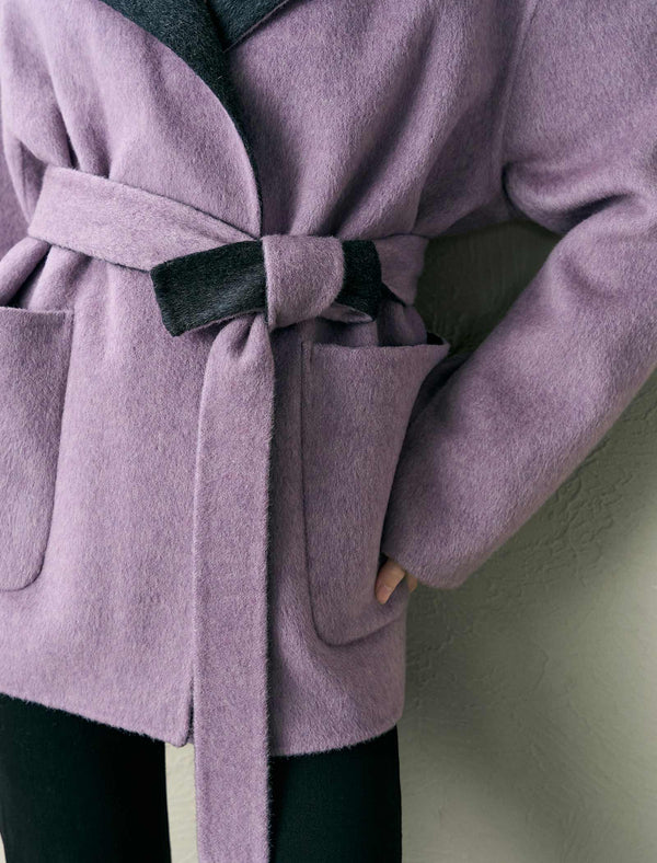 Lilac Wool-Blend Self-Tie Hooded Coat