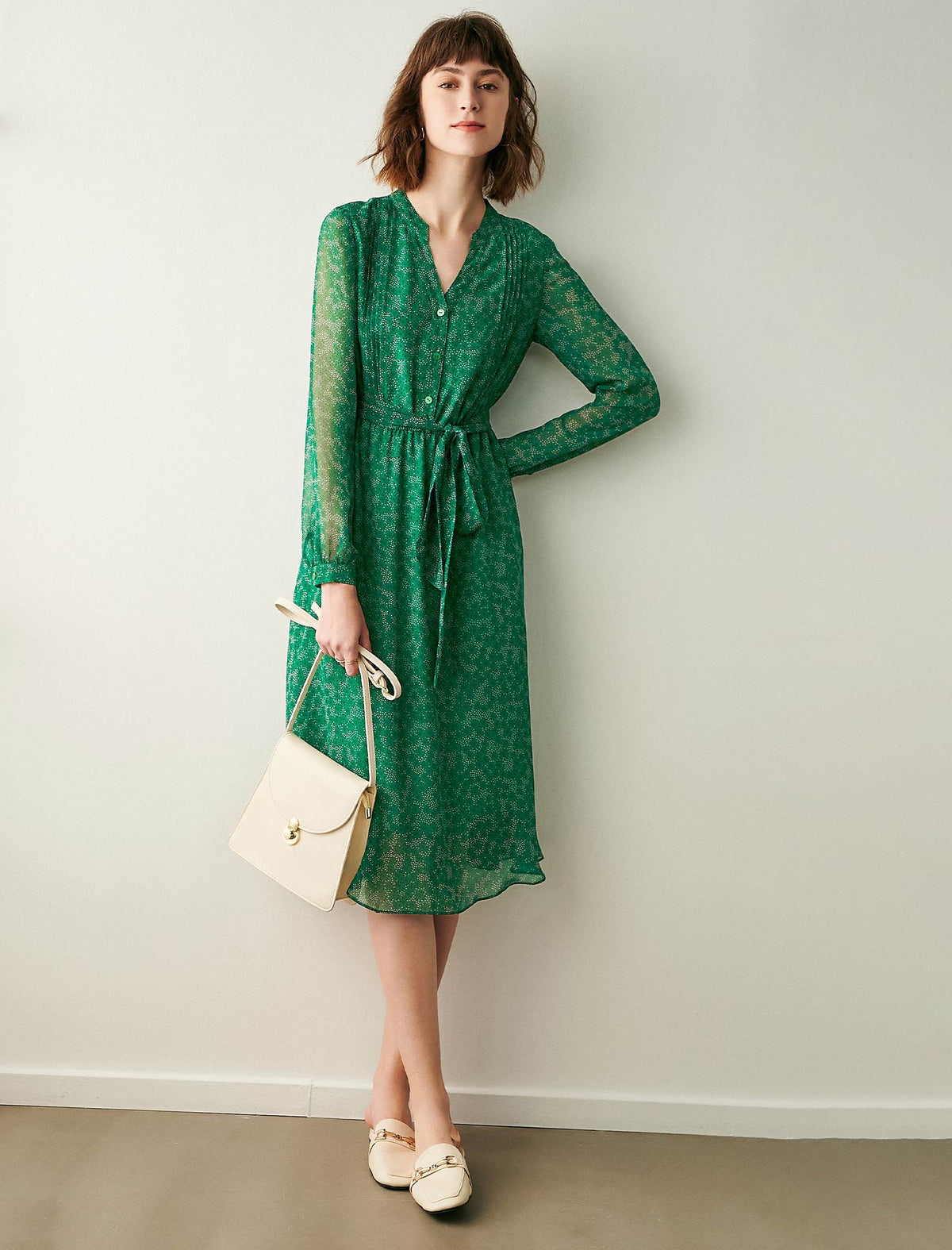 Ditsy Print V Neck Midi Dress