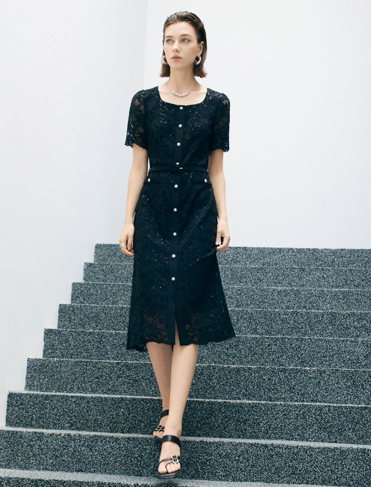 Black Lace Pearl Button Midi Dress
