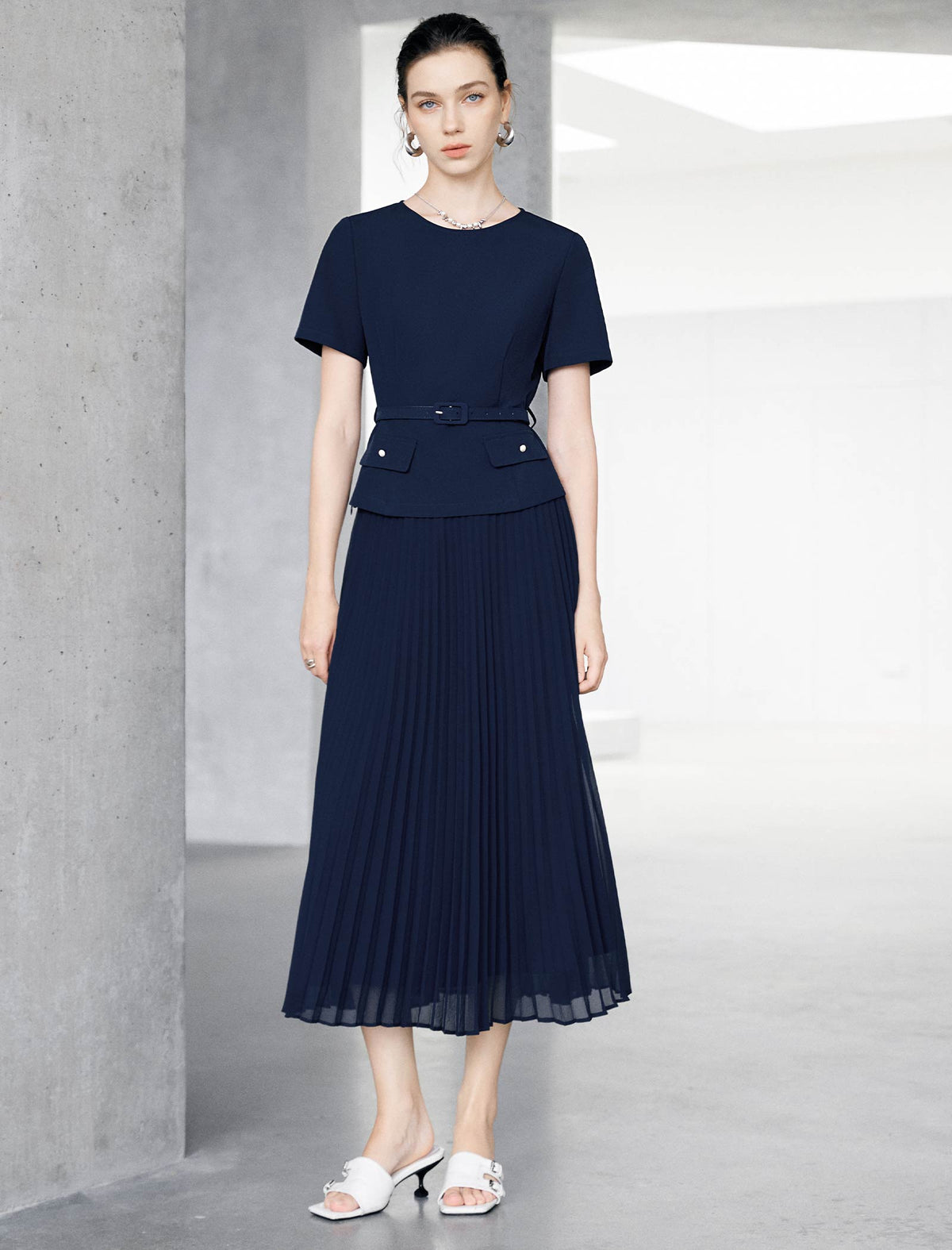 Navy Belted Tailored Short-Sleeve Top