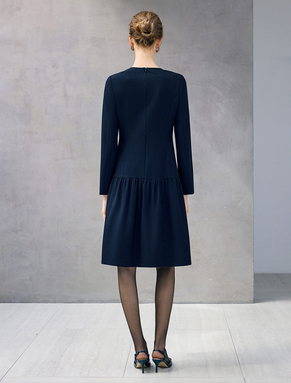 Wool Blend Pleated Crewneck Long Sleeve A-Line Dress