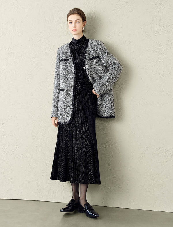 Shimmery Striped Mock Neck Long-Sleeve Top