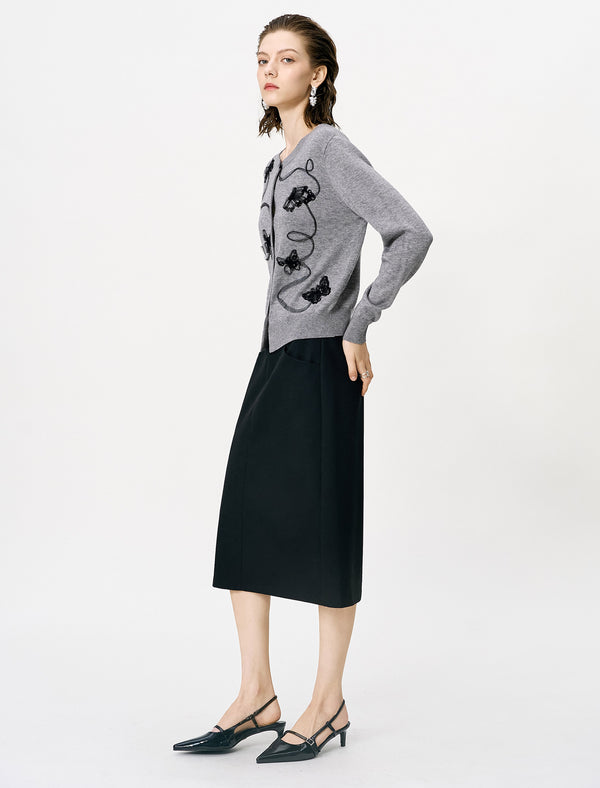 Gray Embroidered Loose Knit Cardigan