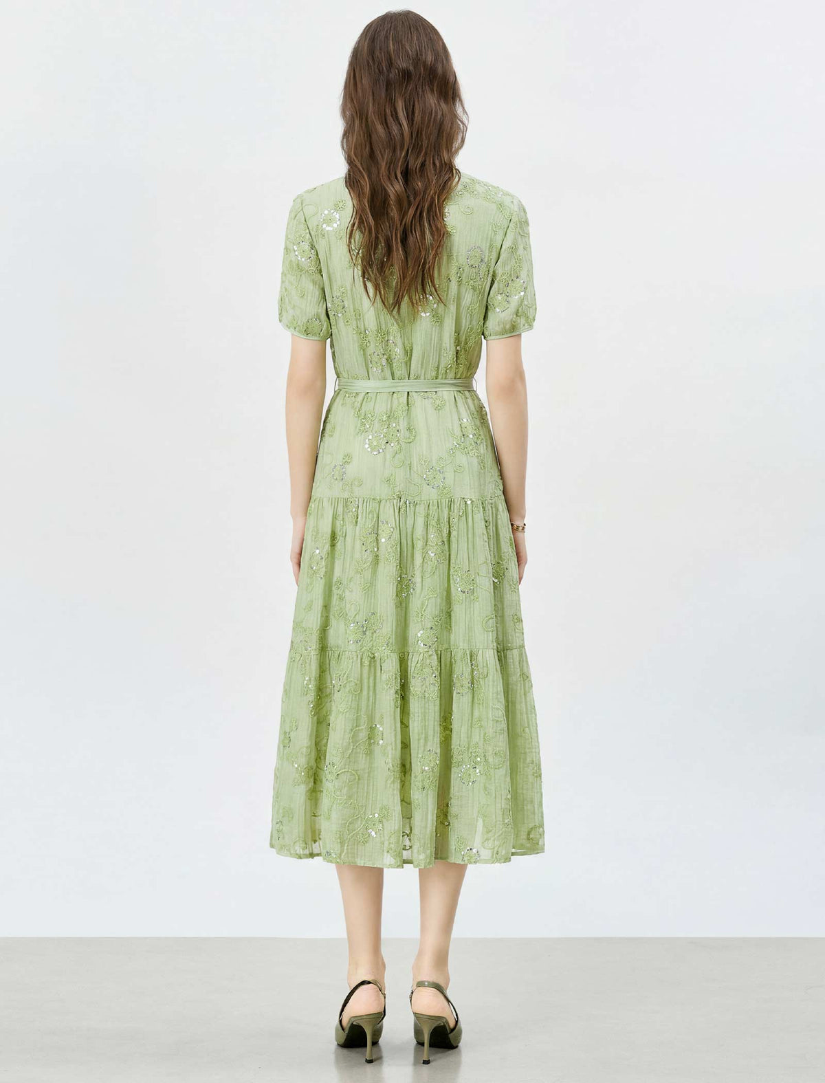 Mint Green Embroidered Tiered Midi Dress