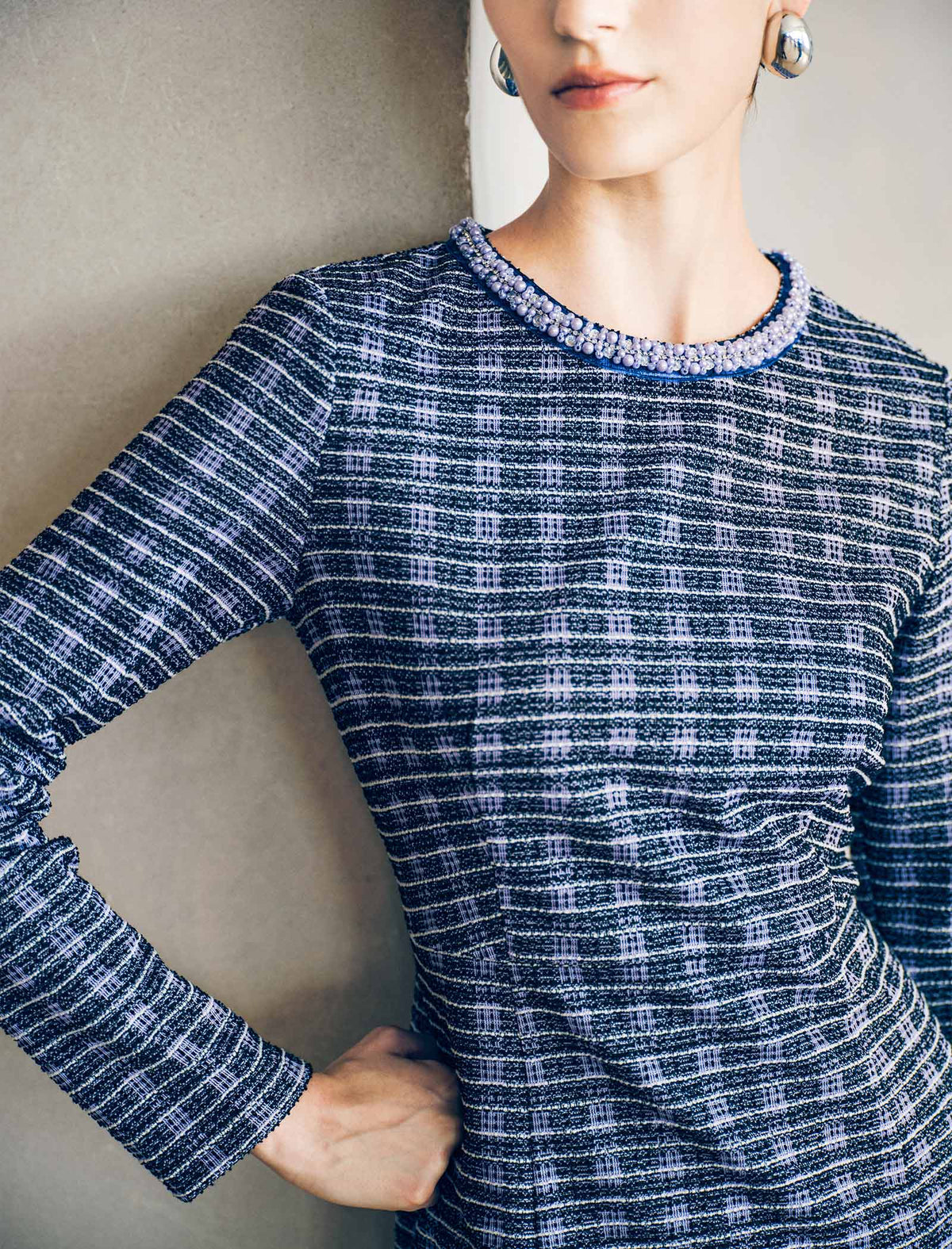 Beaded Crewneck Purple Check Fit Flare Dress