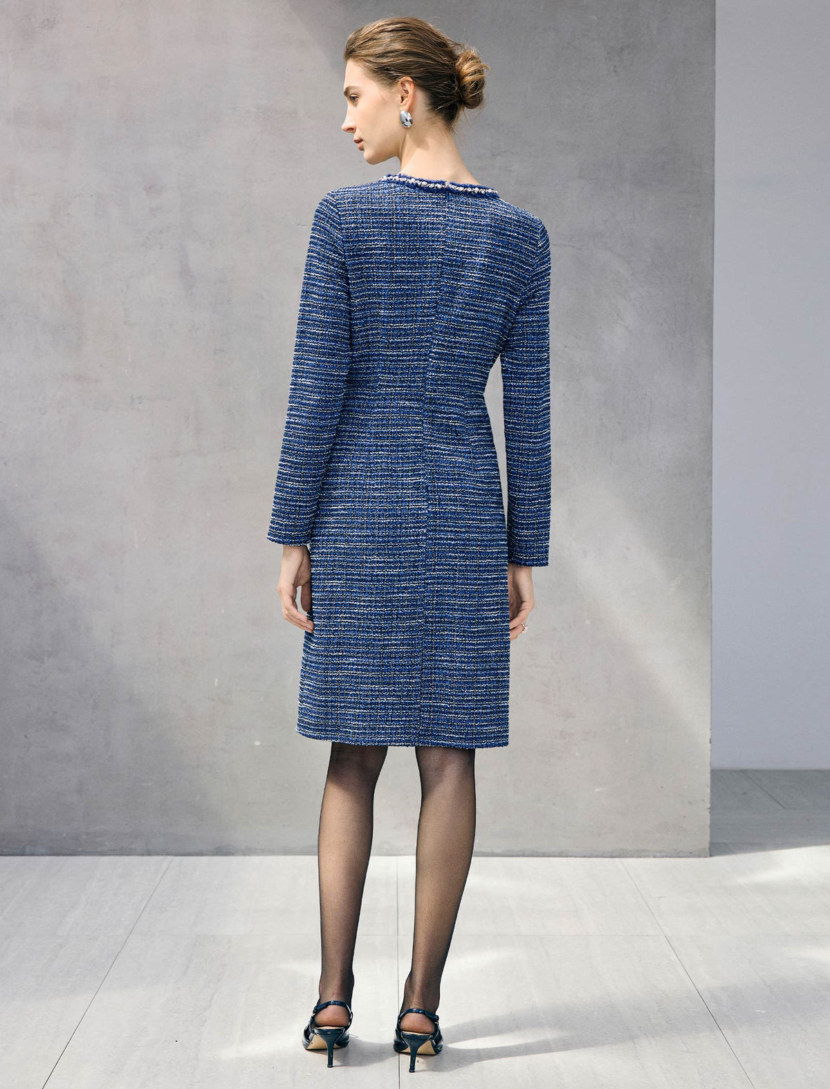 Braided-Trim Crewneck Long Sleeve Pearl-Button Straight Dress