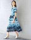 Blue Tie-Dye Print Chiffon Midi Dress