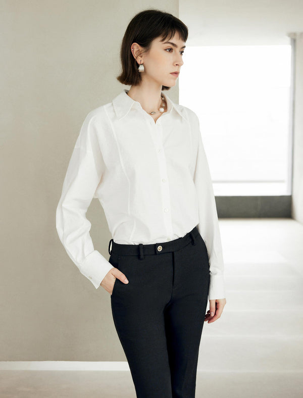 White Minimalist Loose Lapel Long-Sleeve Shirt