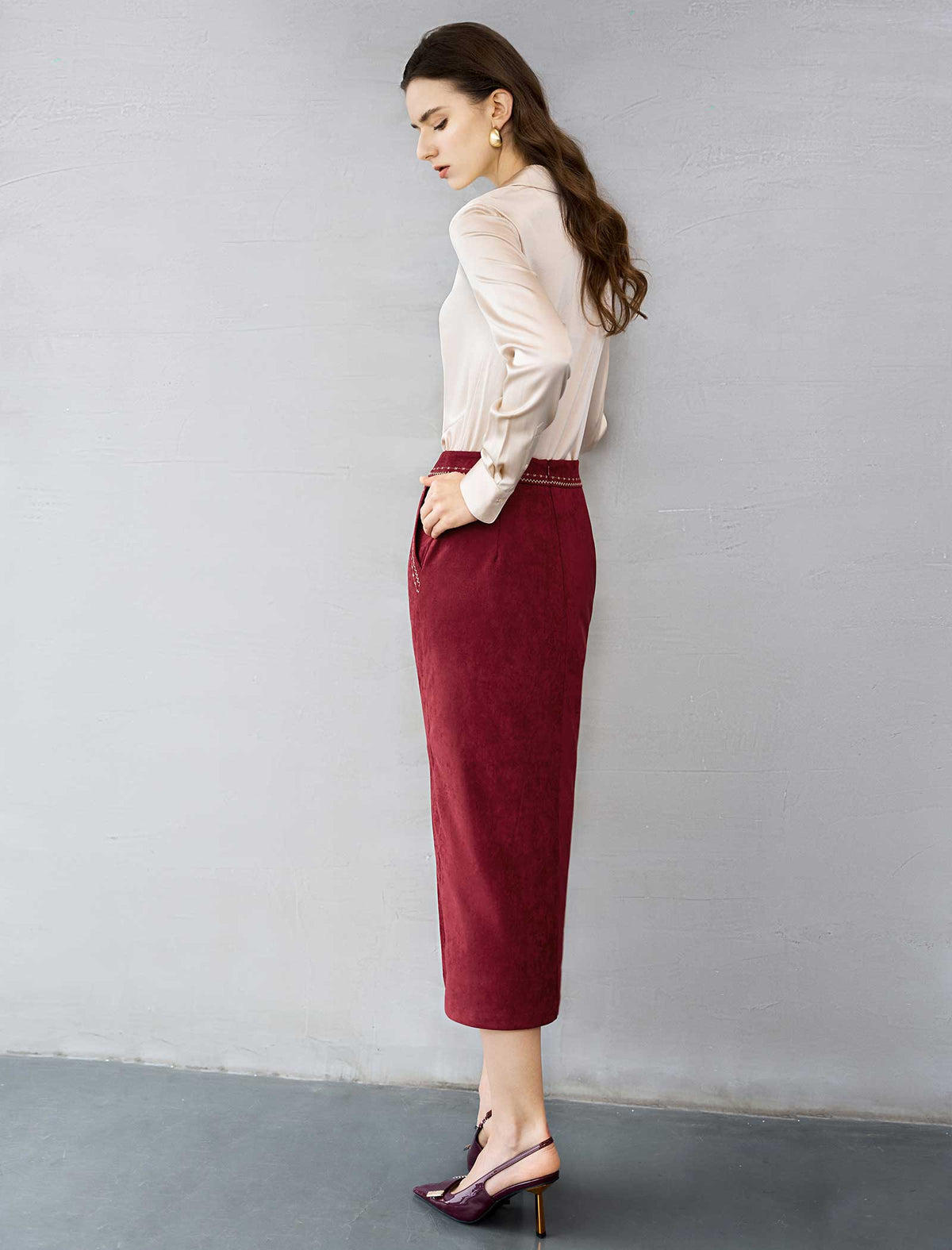 Burgundy Faux Suede Midi Pencil Skirt