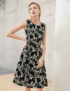 Beaded Neckline Black Floral Jacquard Sleeveless Dress