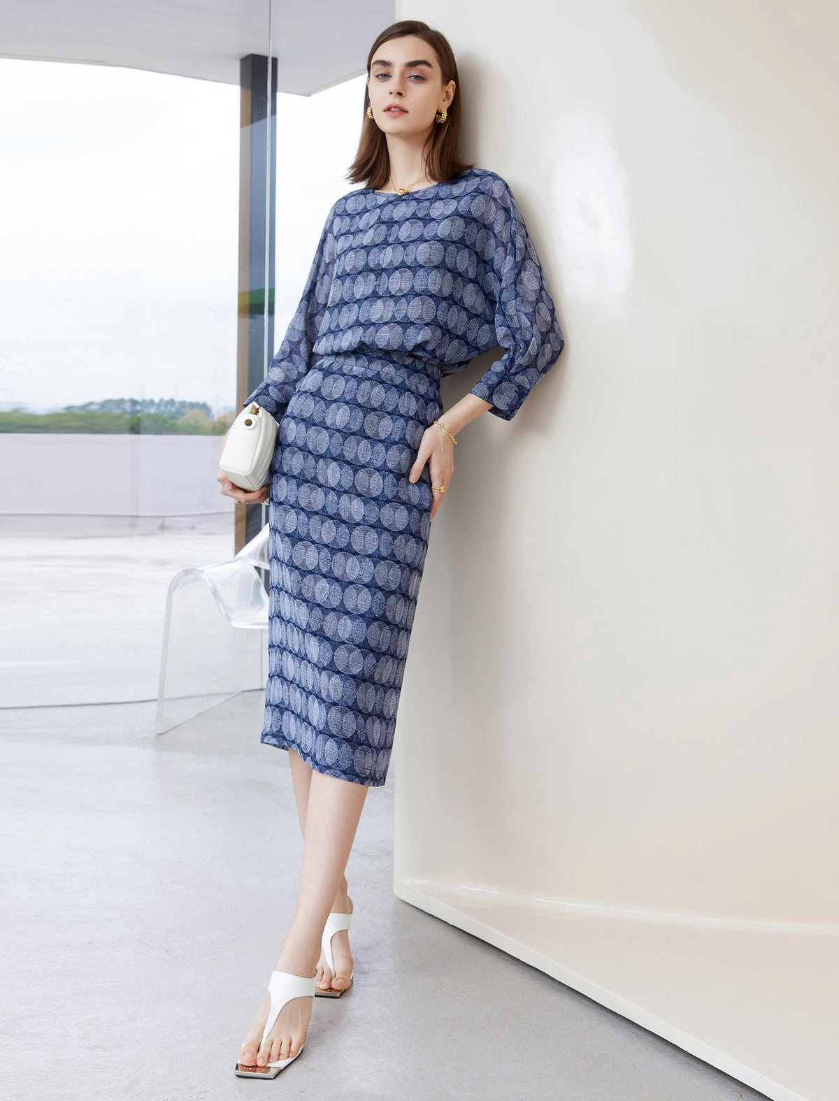 Vintage Printed Round Neck 3/4 Sleeve Blouse