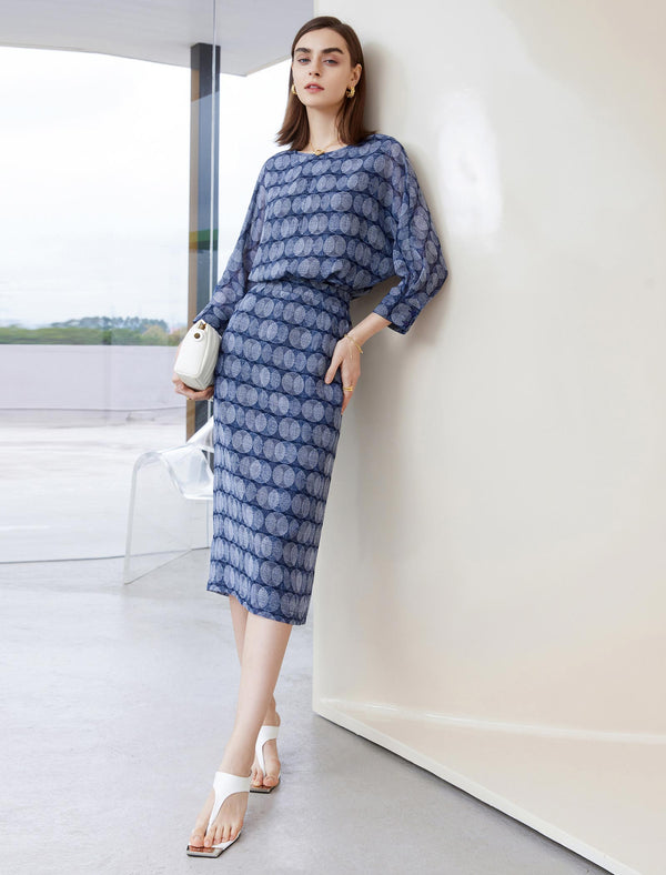 Vintage Printed Round Neck 3/4 Sleeve Blouse