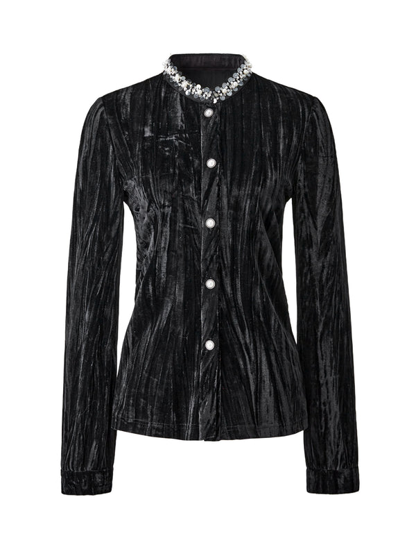 Black Velvet Embellished Button-Up Top