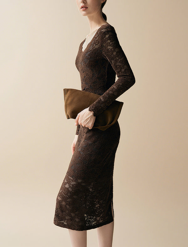 Brown Lace Long Sleeve Midi Dress