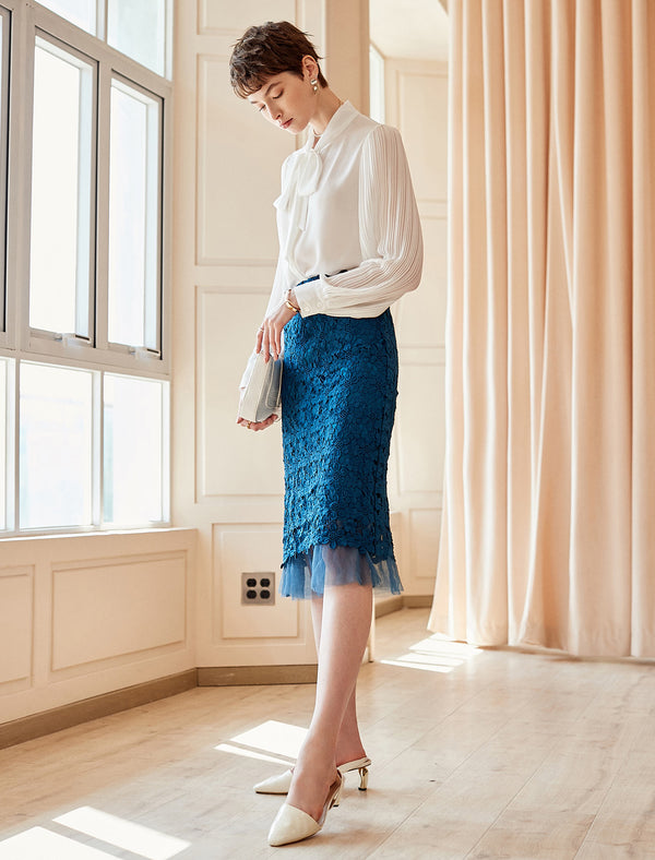 White Tie-Neck Youthful Office Chiffon Blouse