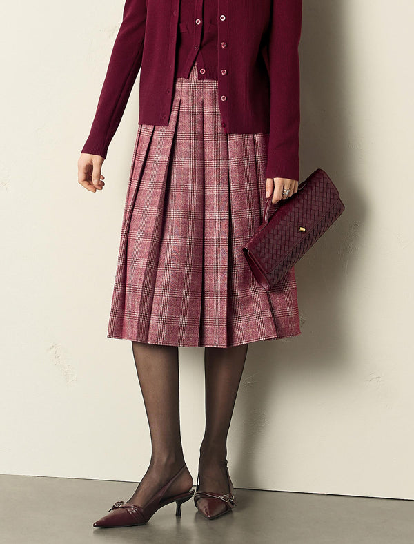 Red Plaid Pleated A-Line Midi Skirt