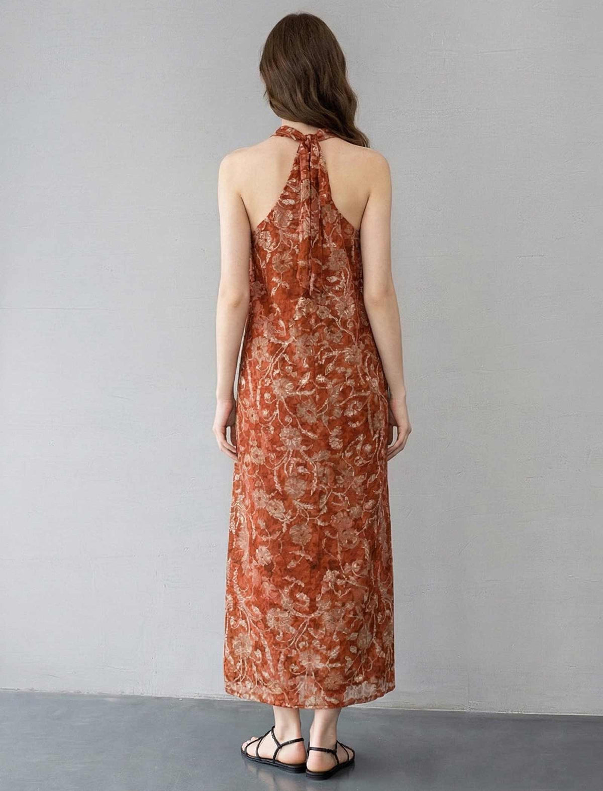 Red Ramie Floral Print Vacation Maxi Dress