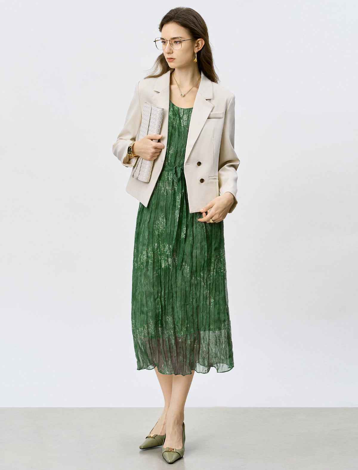 Oatmeal Cropped Double-Breasted Blazer