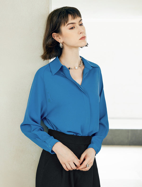 Blue Loose Lapel Long-Sleeve Shirt