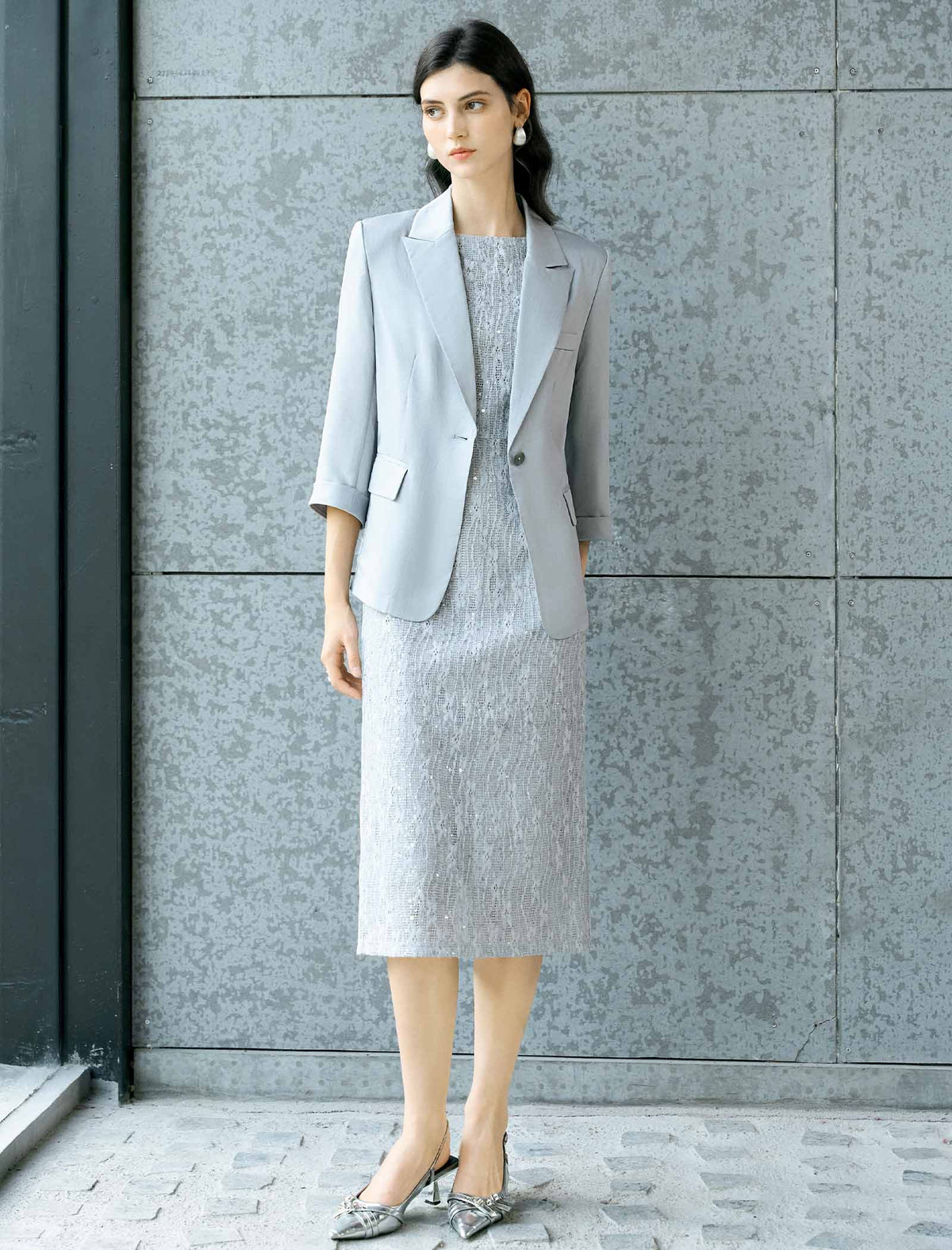 Silver Grey Sequin Jacquard Midi Sheath Dress
