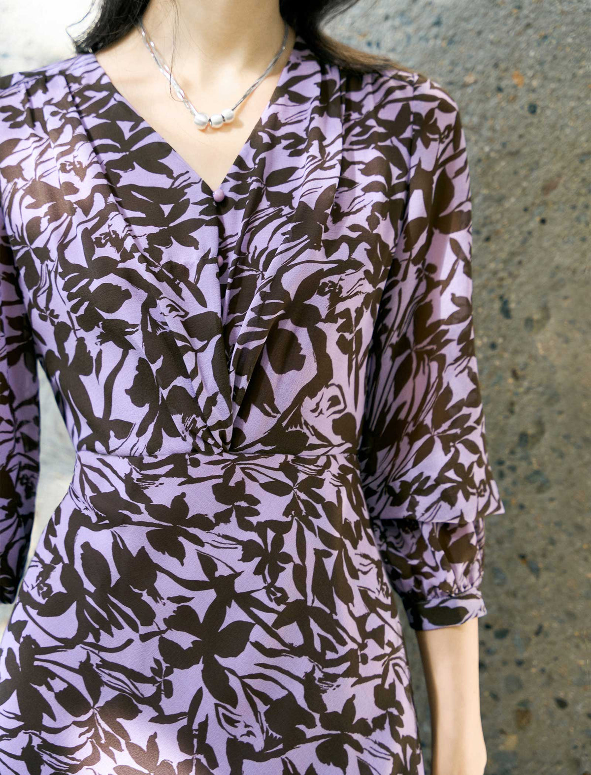 Lavender And Brown Floral Print Midi Dress