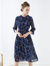 Navy Blue Floral Ruffled Neck Midi Dress