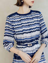 Blue Geometric Stripe 3/4 Sleeve Midi Dress