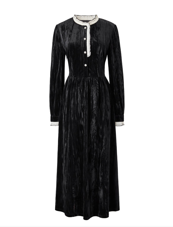 Black Velvet Contrast Trim Midi Dress