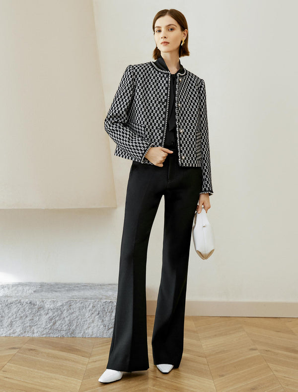 Checkered Round Neck Short Wool Coat